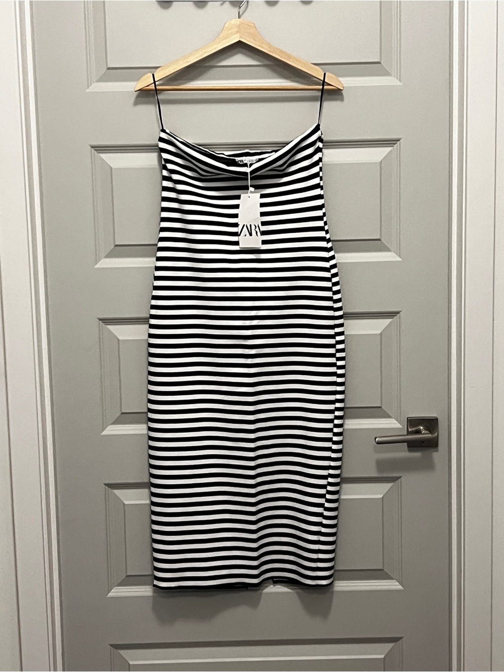 Zara Black and White Striped Midi Slip Dress